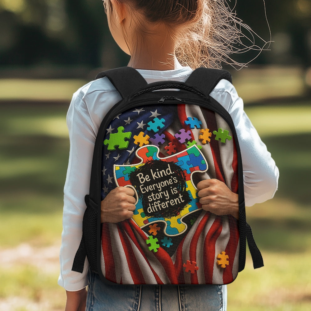 Autism Awareness Children's Backpack : Be kind. Everyone’s story is different.
