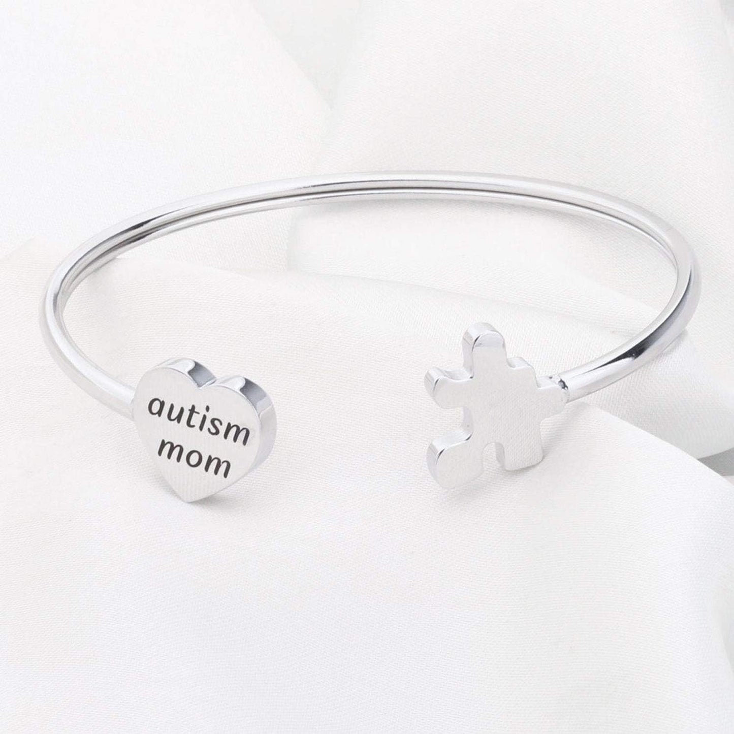 Autism Mom Open Cuff Bracelet - Autism Puzzle Piece Gift for Autistic Awareness
