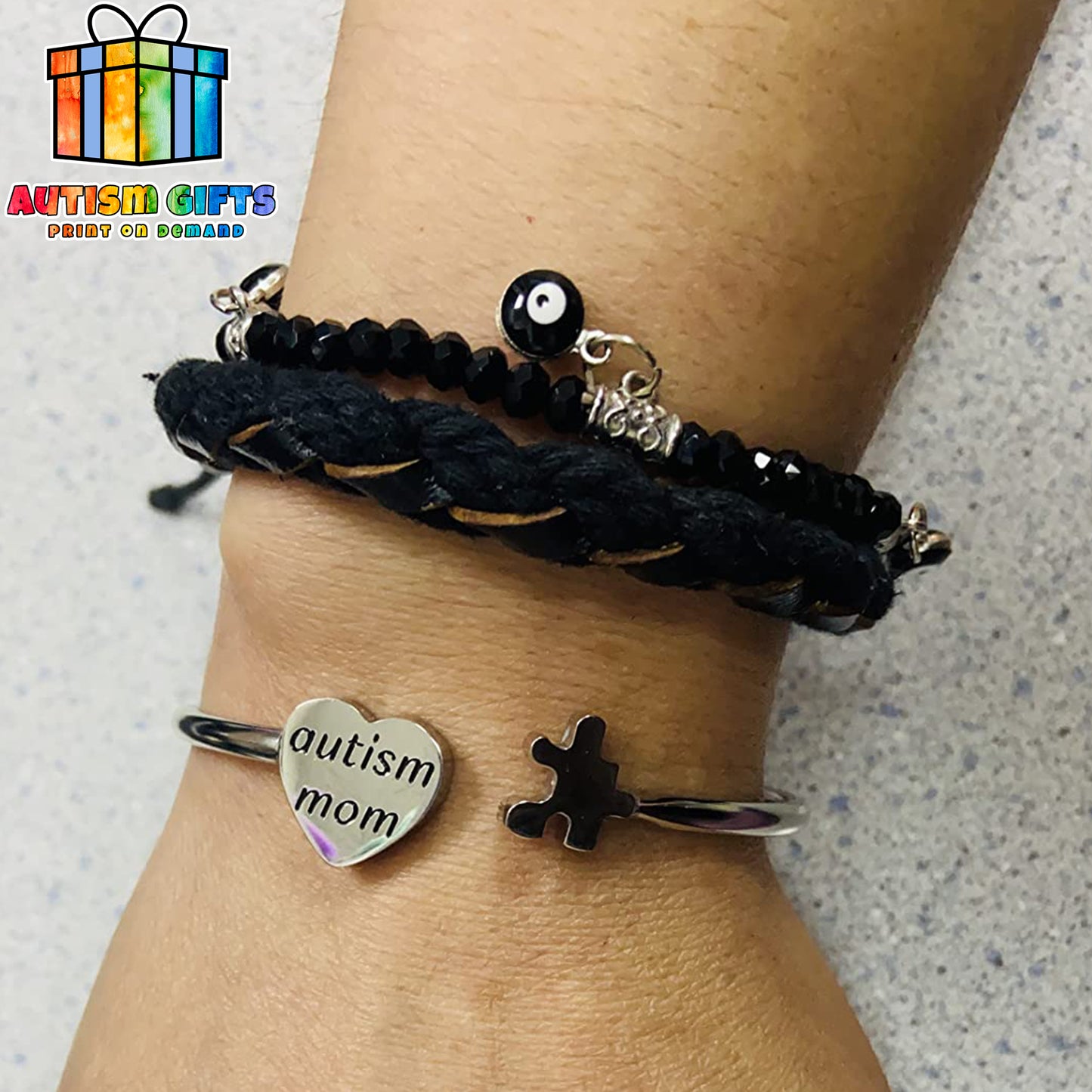 Autism Mom Open Cuff Bracelet - Autism Puzzle Piece Gift for Autistic Awareness