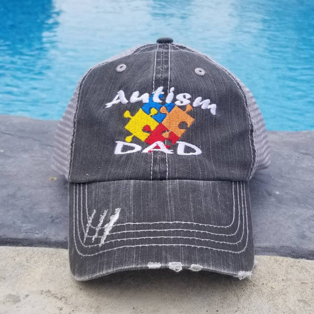 Personalized Autism Colored Puzzle Pieces Distressed Mesh Hat