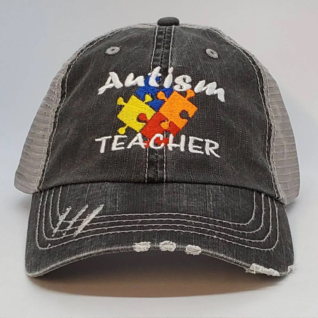 Personalized Autism Colored Puzzle Pieces Distressed Mesh Hat