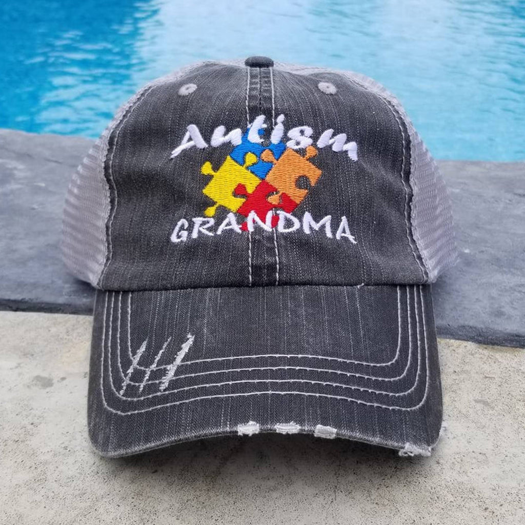 Personalized Autism Colored Puzzle Pieces Distressed Mesh Hat