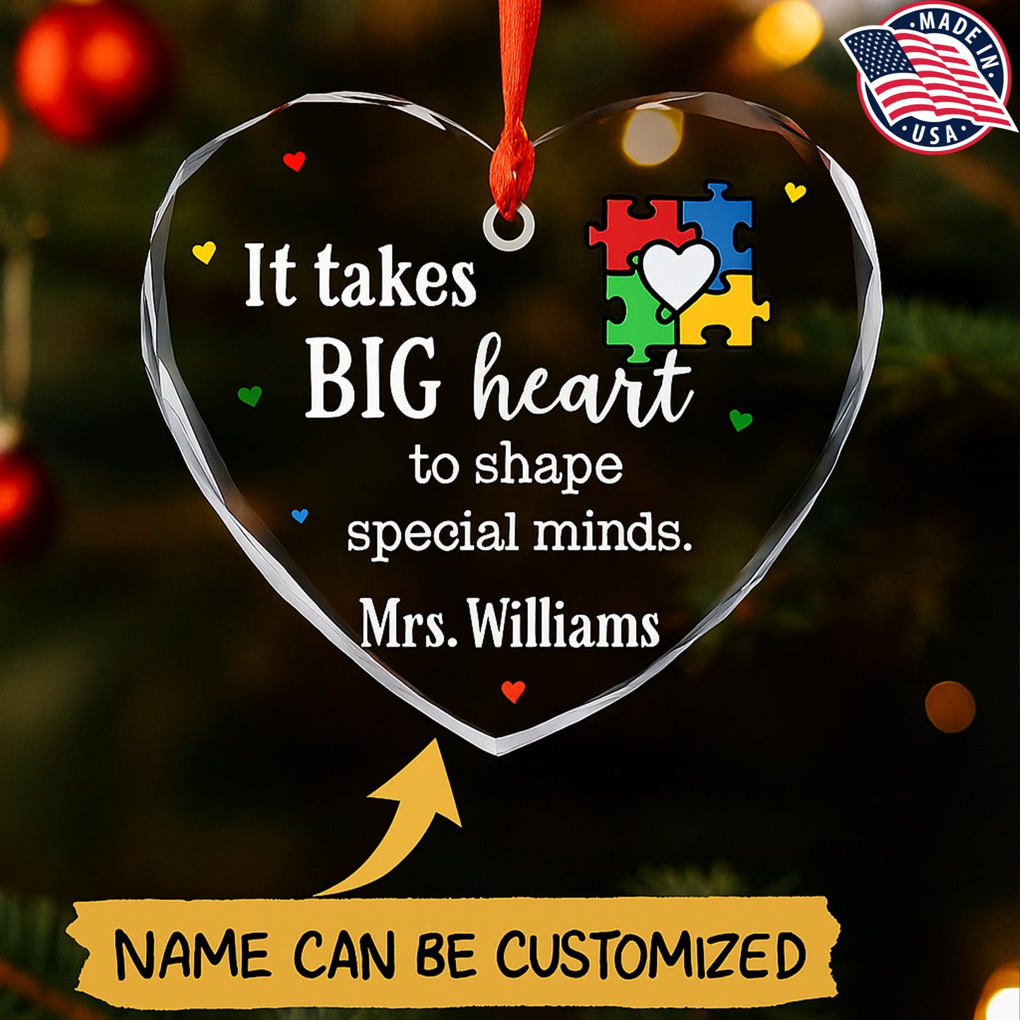 Personalized Autism Teacher Ornament โ It Takes a Big Heart Glass Ornament (Made in US)