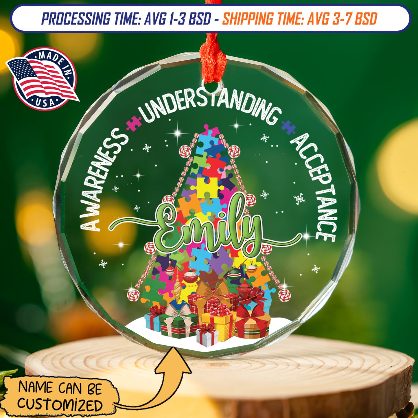 Awareness Understanding Acceptance Glass Ornament (Made in US)