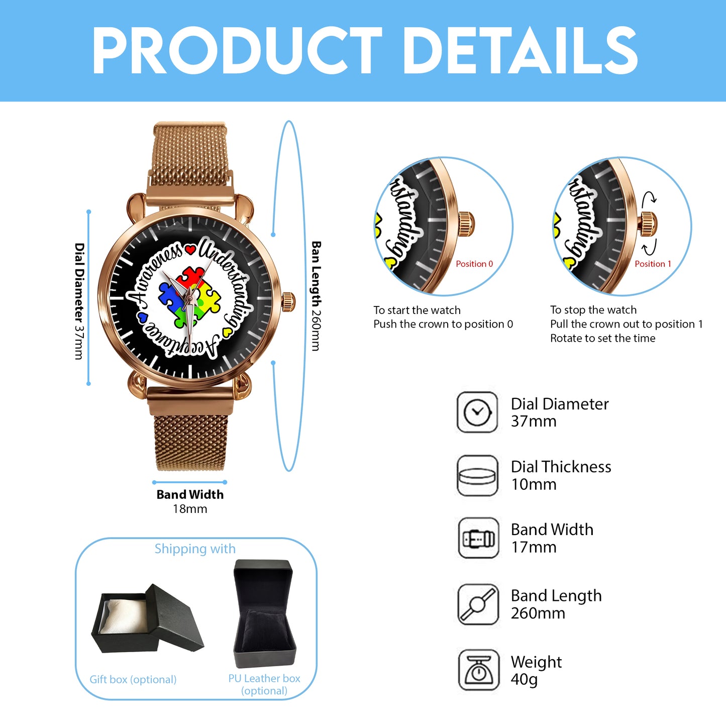Autism Mesh Strap Quartz Watch : Understand Acceptance Awareness