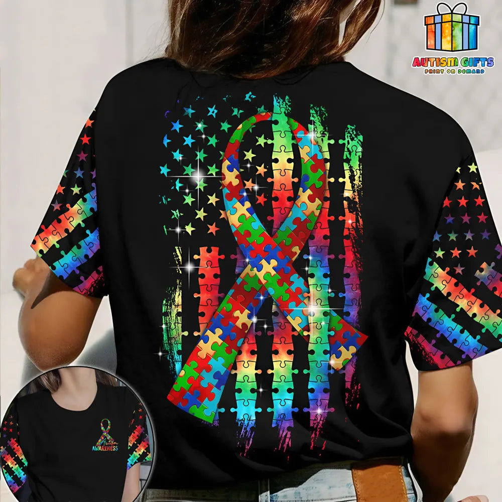 Autism Awareness Colorful Puzzle Pieces Ribbon American Flag AOP Unisex Standard T-shirt