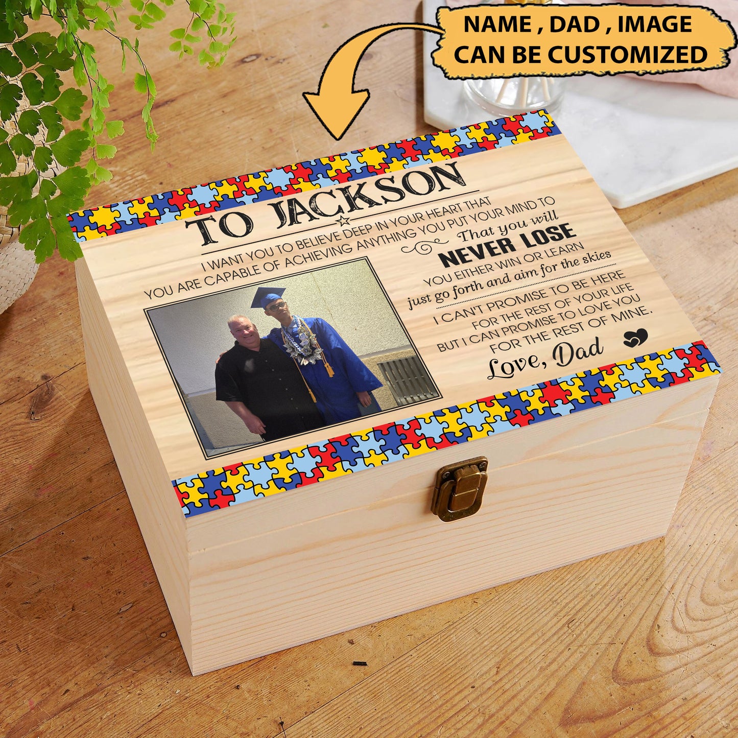 To My Son Wooden Keepsake Box – Custom Photo & Name Gift from Dad | Autism Puzzle Design