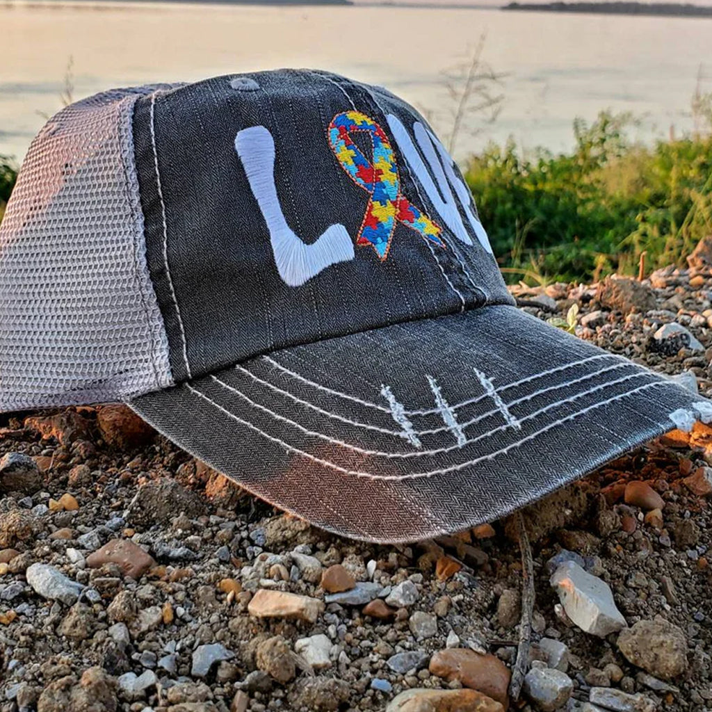 Autism Love Ribbon Distressed Mesh Hat