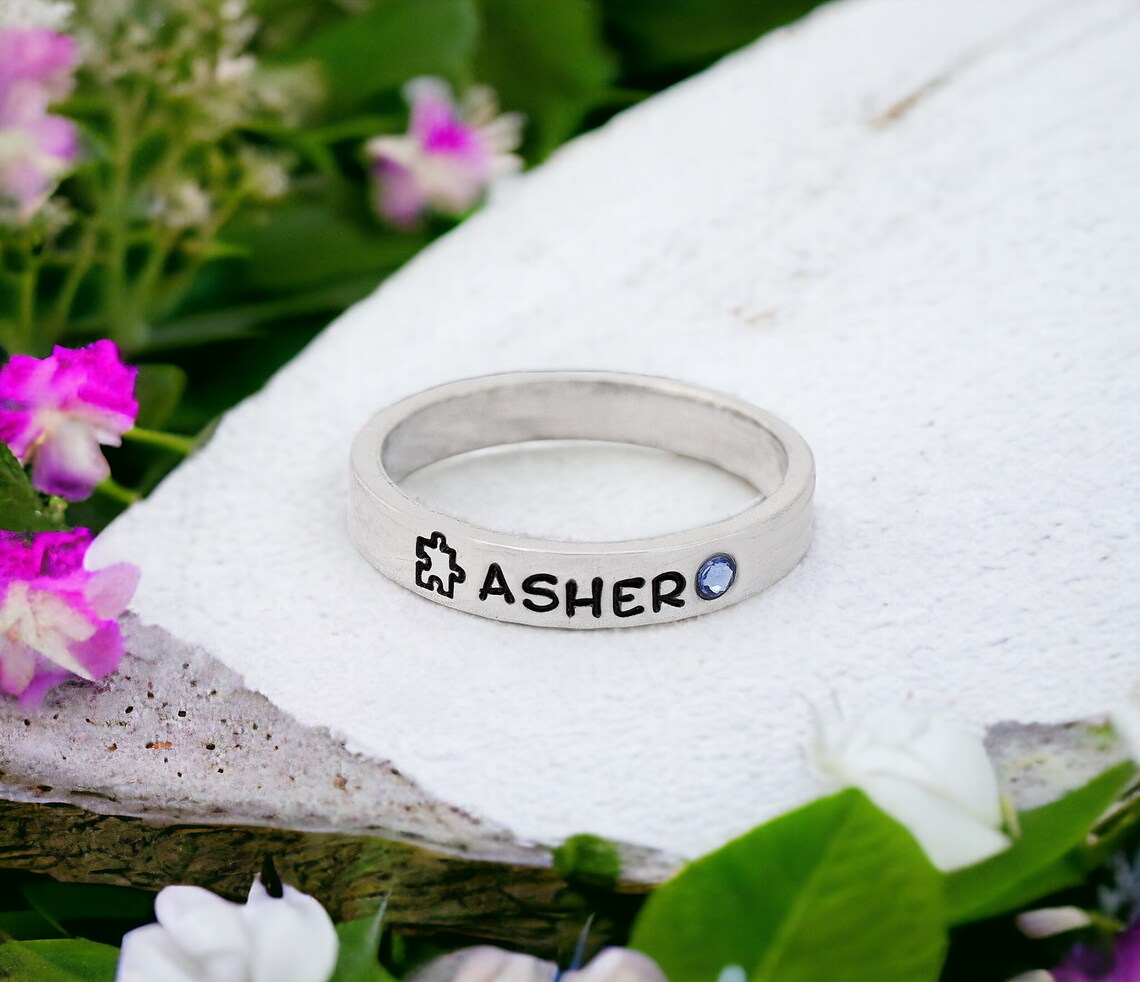 Personalized Autism Awareness Ring – Puzzle Piece & Birthstone
