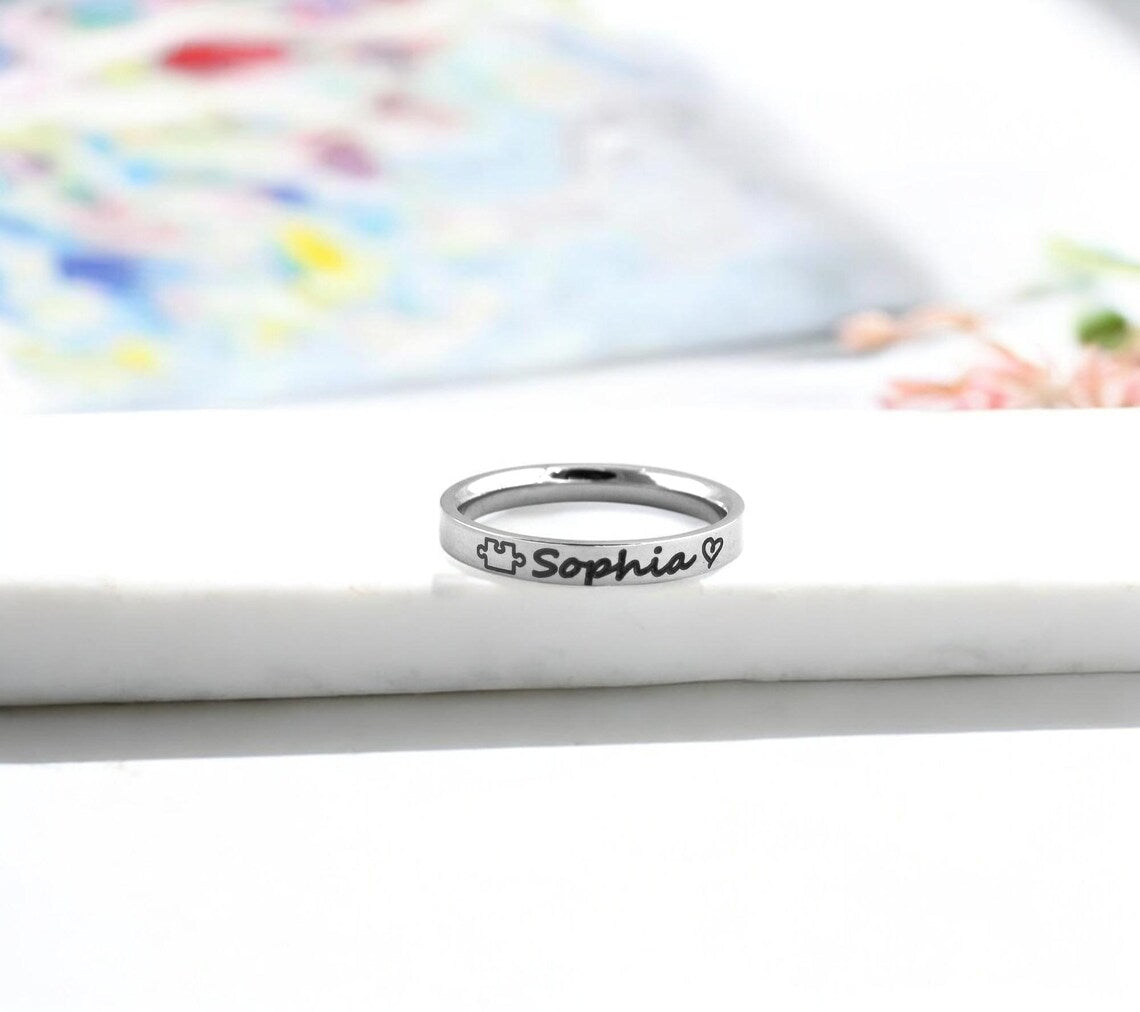 Personalized Name Autism Puzzle Ring , Silver, Rose Gold, Gold