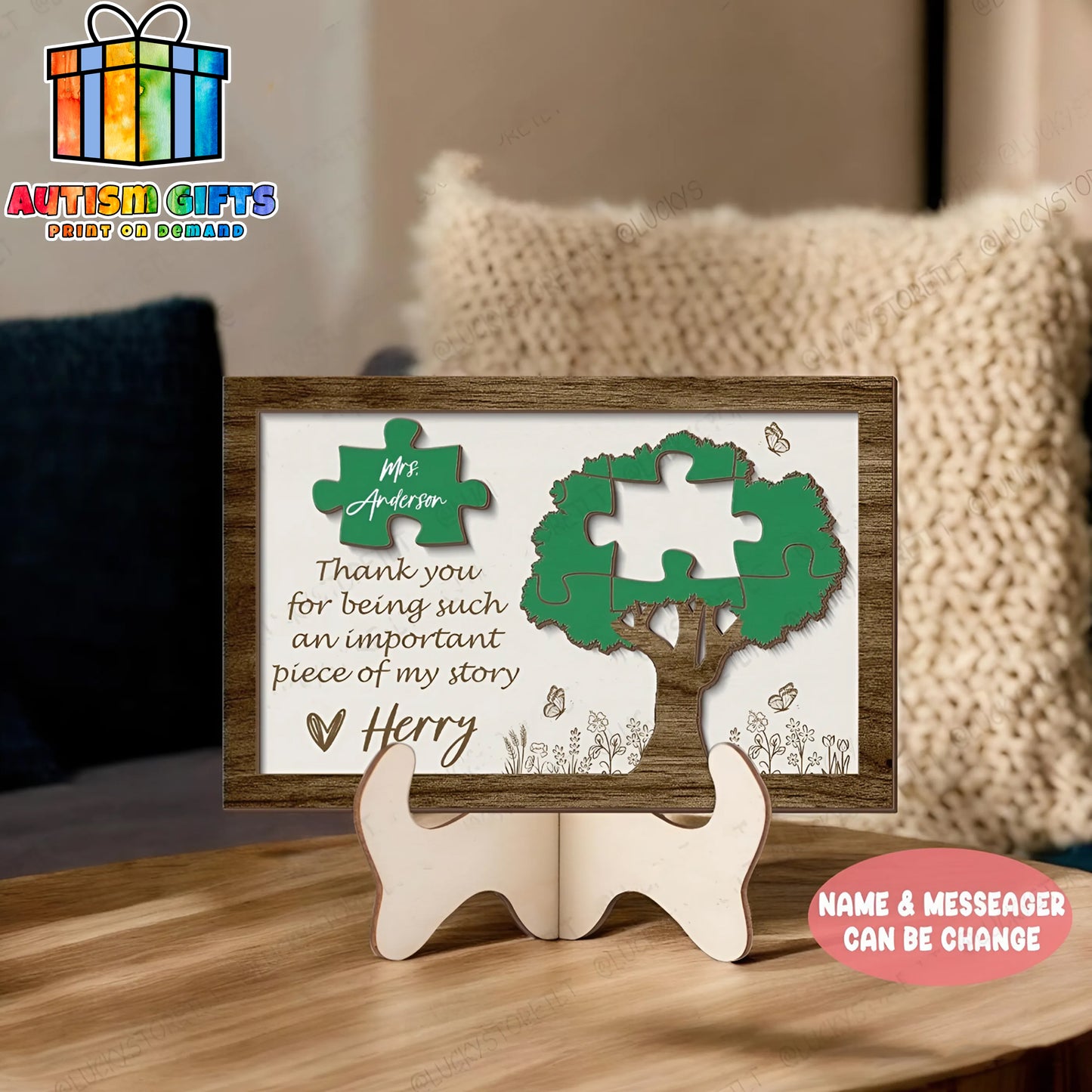 Personalized Teacher Gift Wooden Sign, Autism Teacher Gift From Little Student, Teacher Appreciation Gift, Custom Tree Puzzle Piece Sign