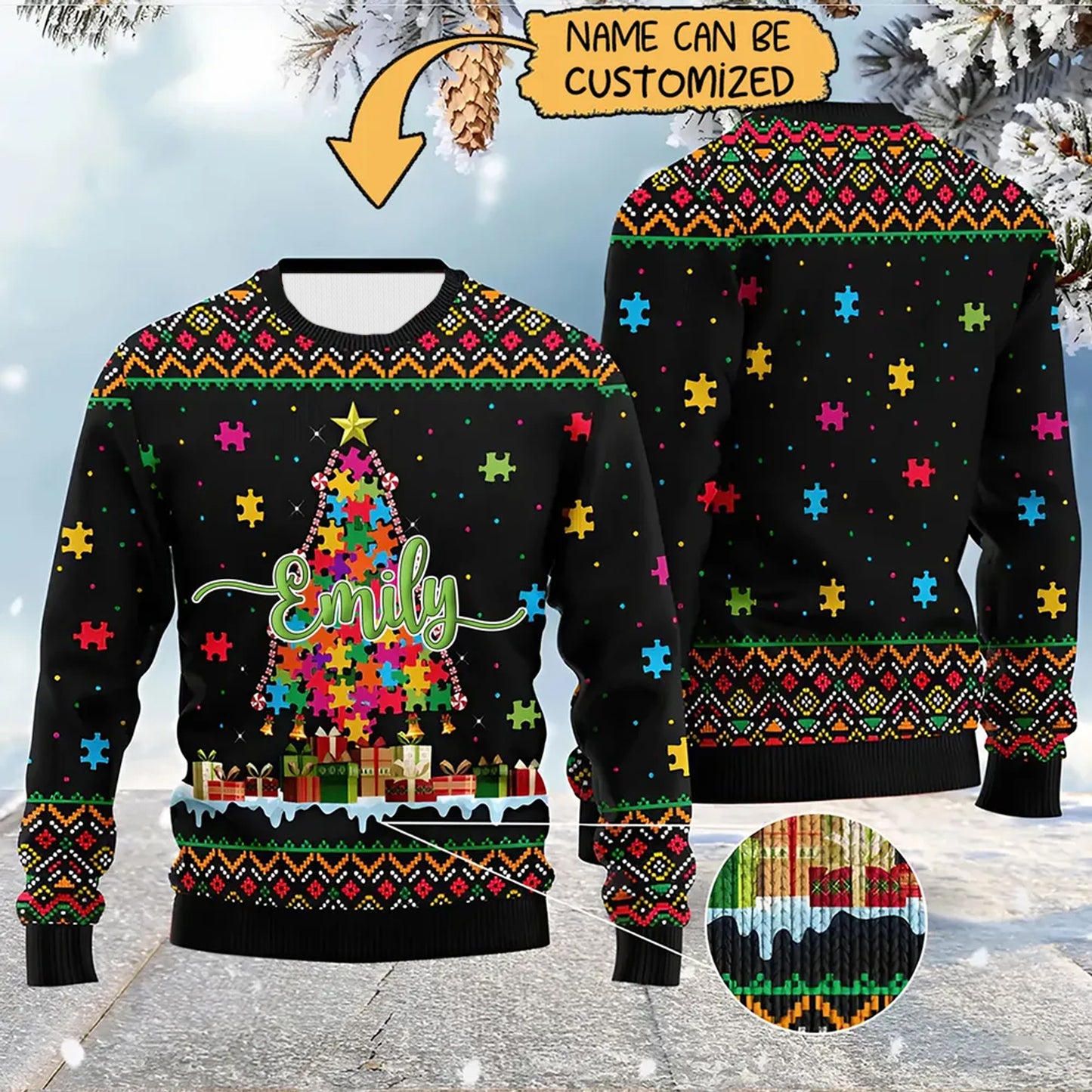 Personalized Name Autism Christmas Tree Knitted Sweater
