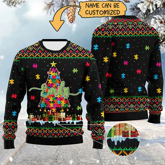 Personalized Name Autism Christmas Tree Knitted Sweater