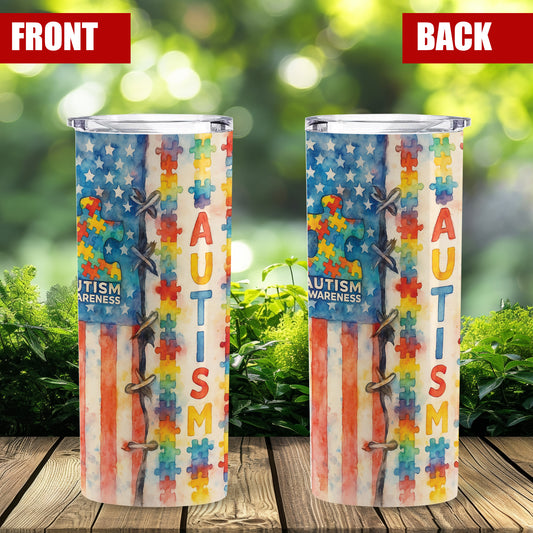 Autism Awareness USA Flag Tumbler – 20oz Travel Mug