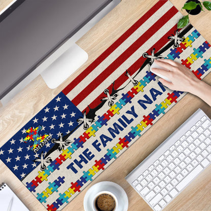 Custom Name Autism Awareness Desk Mat – Puzzle Design Mouse Pad with USA Flag