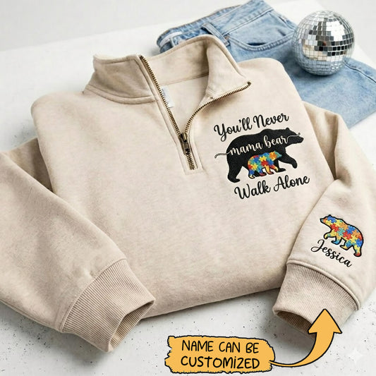 Personalized Name Autism Mama Embroidered Zip Sweatshirt