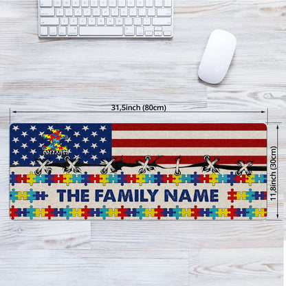 Custom Name Autism Awareness Desk Mat – Puzzle Design Mouse Pad with USA Flag