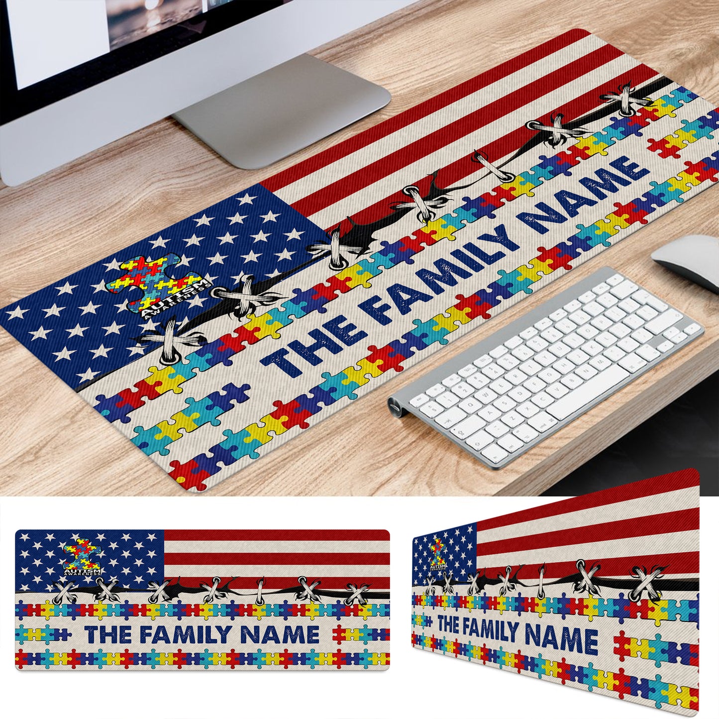 Custom Name Autism Awareness Desk Mat – Puzzle Design Mouse Pad with USA Flag
