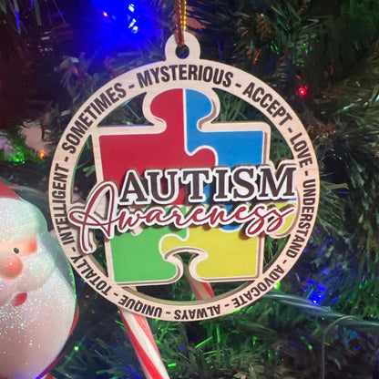 Autism Awareness Christmas Ornament 2025, Puzzle Piece Autism 2-Layred Wood Ornament