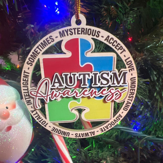 Autism Awareness Christmas Ornament 2025, Puzzle Piece Autism 2-Layred Wood Ornament
