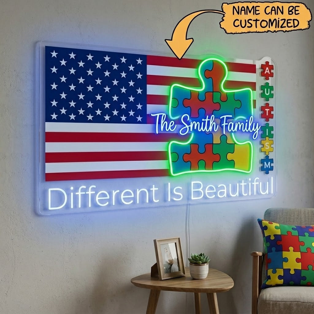 Custom Family Name "Different Is Beautiful" Neon Light - Autism Support American Flag LED Sign - Meaningful Family Home Decor