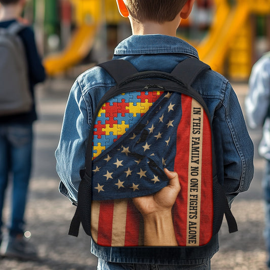 Autism Awareness Children's backpack : In This Family No One Fights Alone
