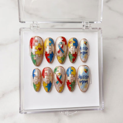 Colorful Autism Puzzle Piece Press-On Nails, Autism Mom  Press-On Nails