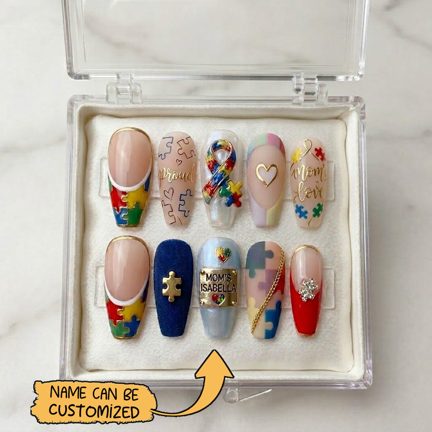 "Proud Mom" Custom Name Autism Awareness Nails