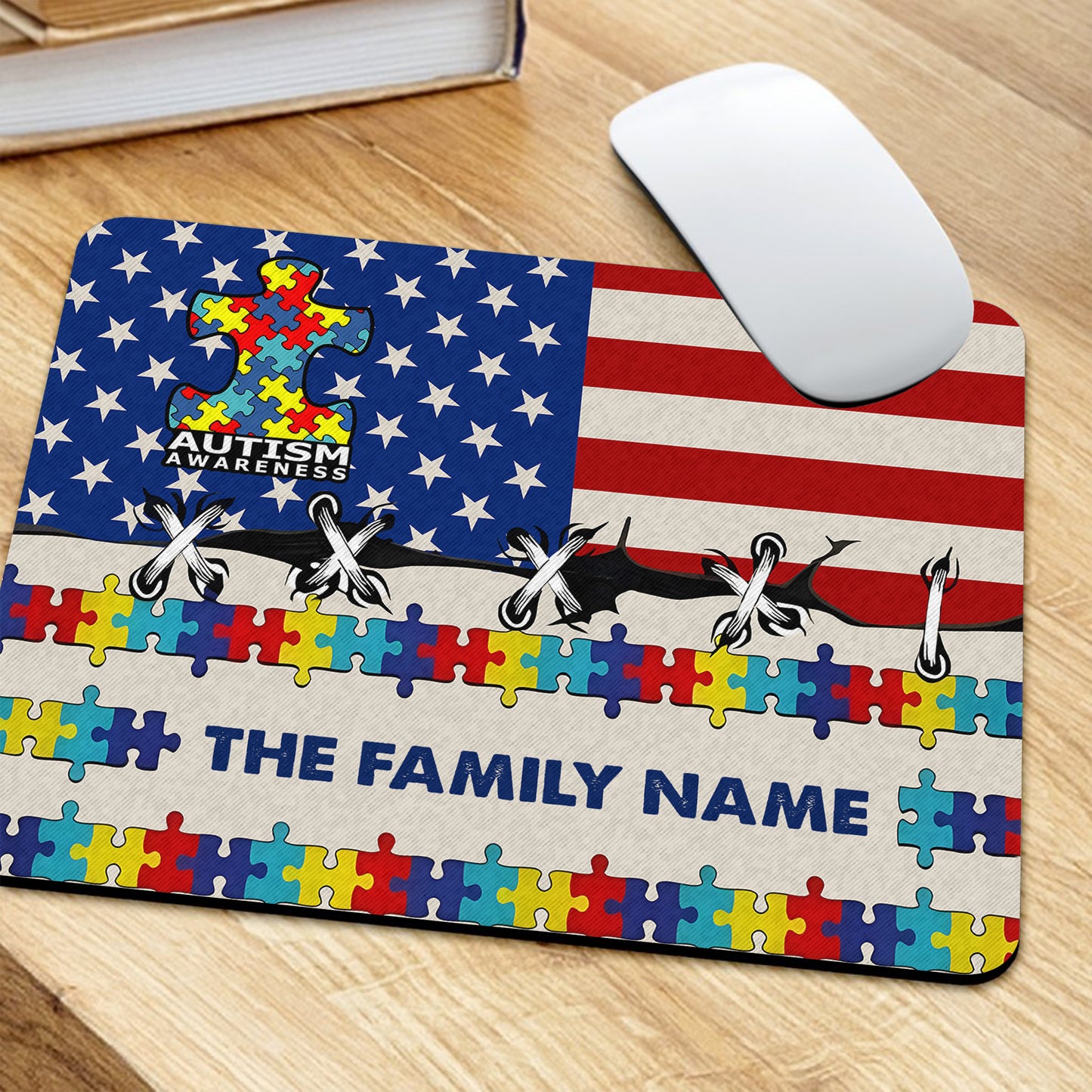 Custom Name Autism Awareness Desk Mat – Puzzle Design Mouse Pad with USA Flag