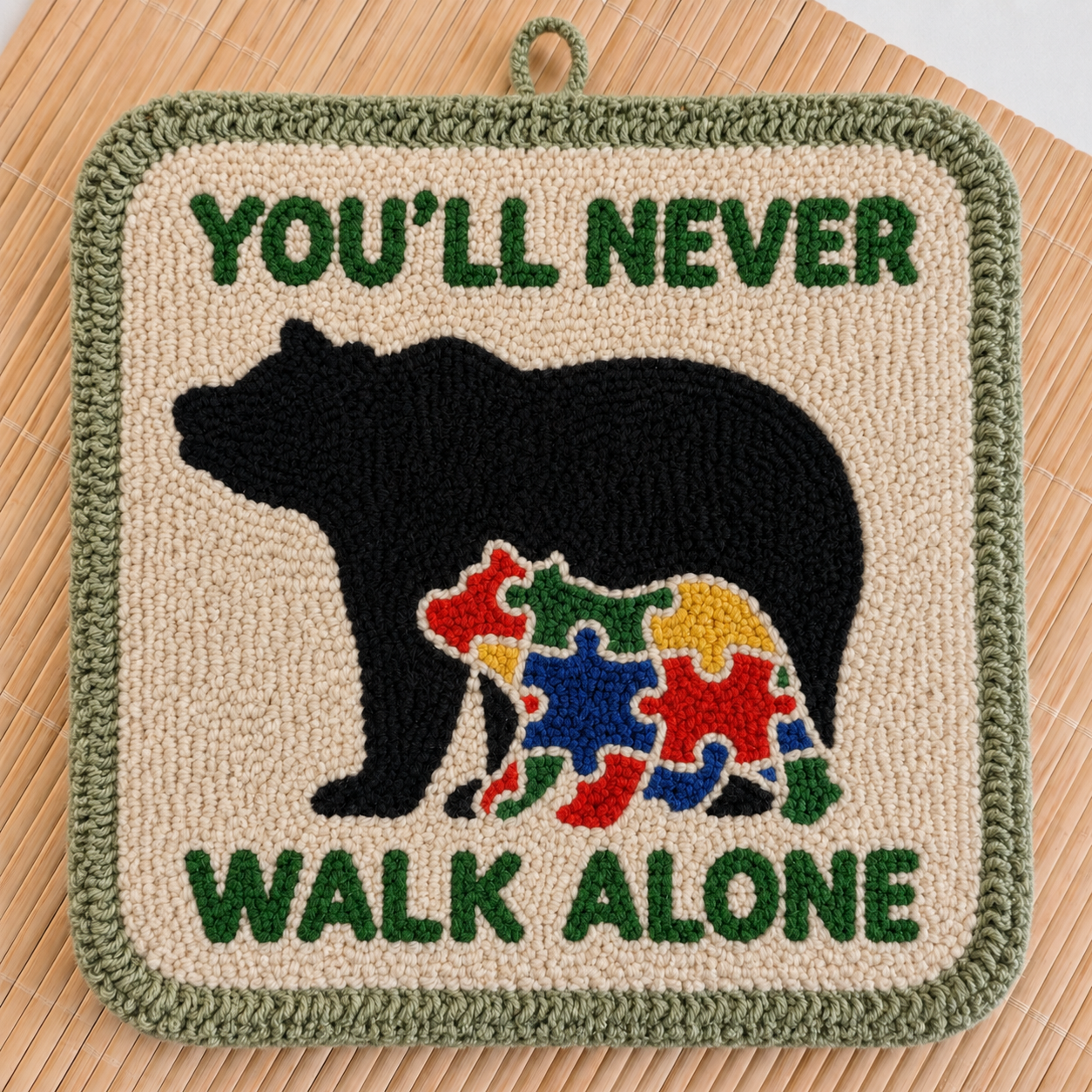 You'll Never Walk Alone Bear Punch Needle Wall Decor – Handmade Autism Awareness Gift