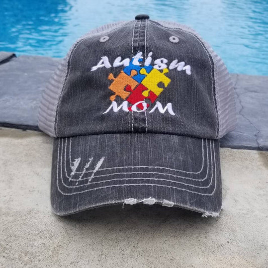 Personalized Autism Colored Puzzle Pieces Distressed Mesh Hat