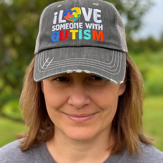 Autism Distressed Mesh Hat : I Love Someone With Autism Hat
