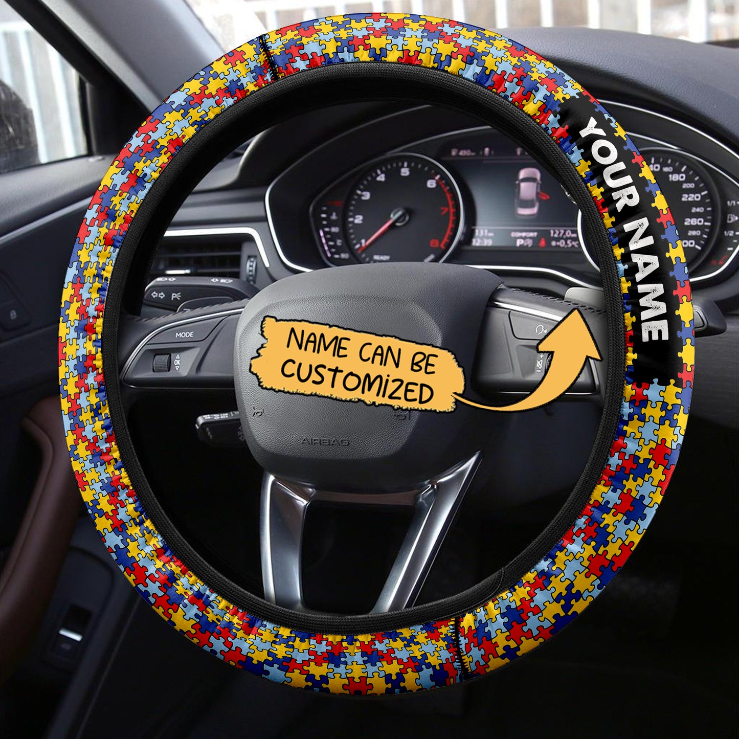 Custom Name Autism Awareness Steering Wheel Cover 15 Inches Car