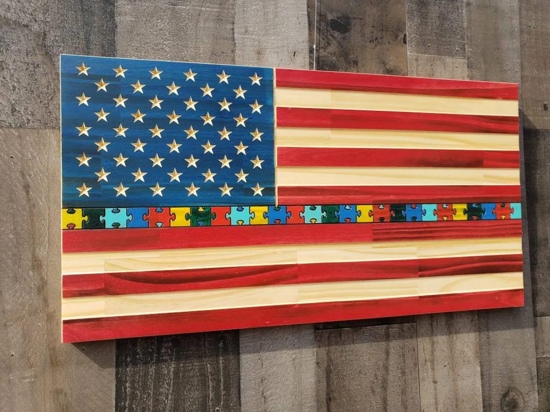 Autism Puzzle Piece Flag – Wooden Wall Decor