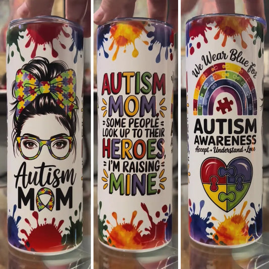Autism Mom Skinny Tumbler – Raising My Hero with Love & Color