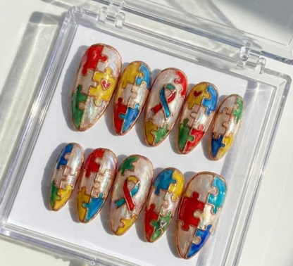 Colorful Autism Puzzle Piece Press-On Nails