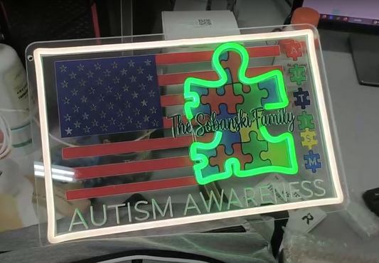 Personalized American Flag Neon LED Sign for Autism Awareness - Custom Family Name Wall Art