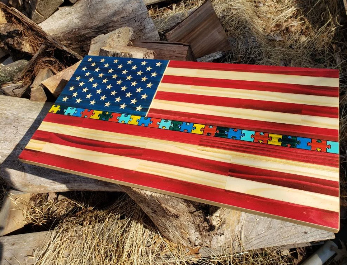Autism Puzzle Piece Flag – Wooden Wall Decor
