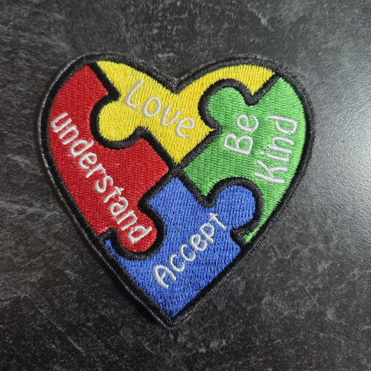 Autism Heart Embroidered Patches : Accept - Understand - Love- Be Kind