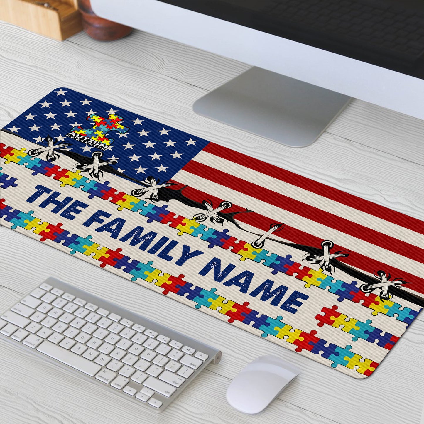 Custom Name Autism Awareness Desk Mat – Puzzle Design Mouse Pad with USA Flag
