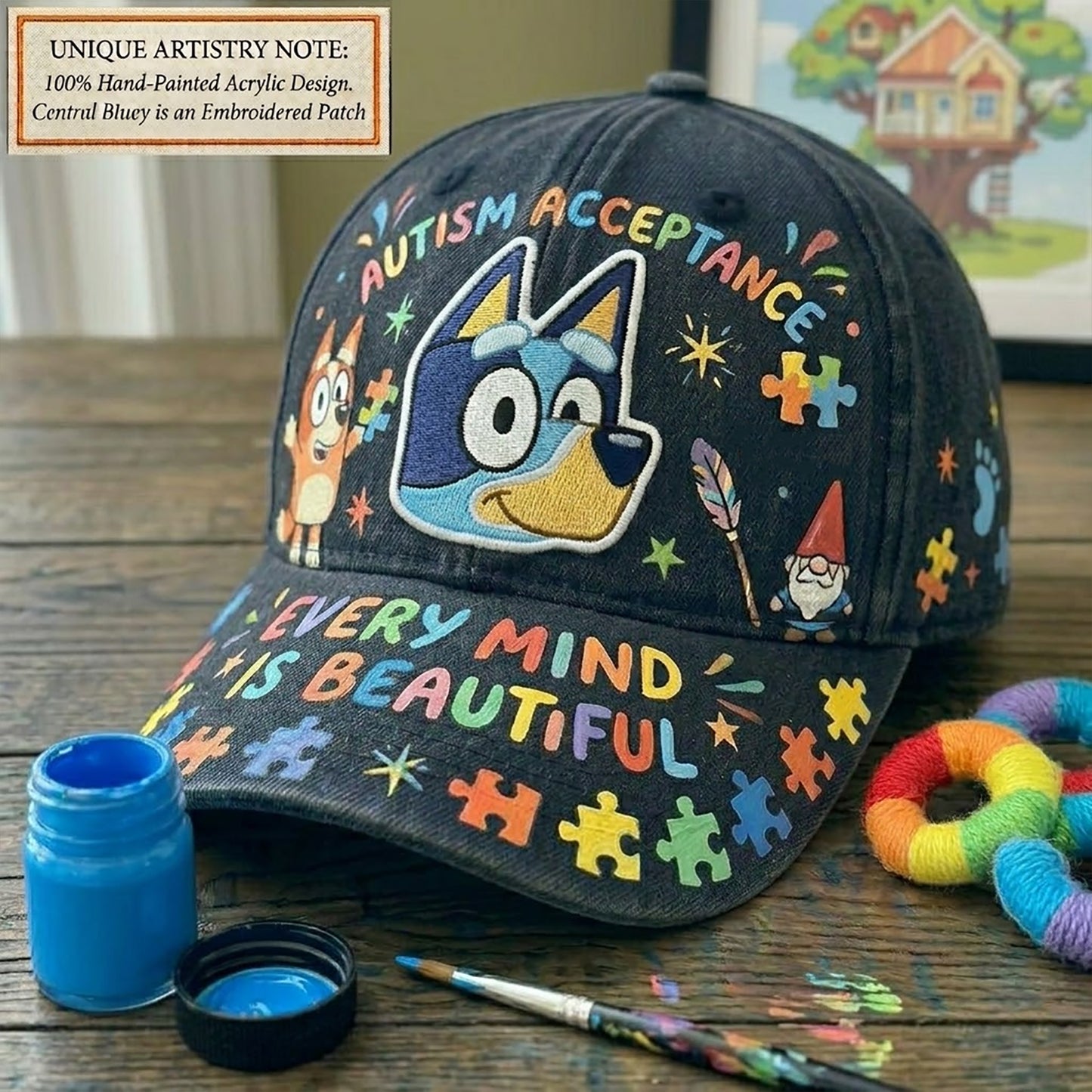 Hand-Painted Bluey Autism Acceptance Cap | "Every Mind Is Beautiful" Black Demi Wash Hat with Embroidered Patch