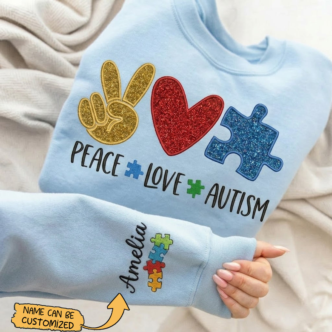 Glitter Puzzle Peace Love Autism Personalized Sweatshirt