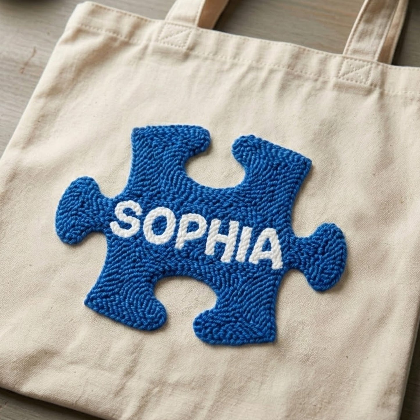 Custom Name Autism Tote Bag | Handmade Punch Needle Puzzle Piece Canvas Tote