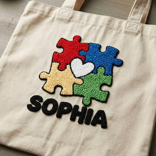 Custom Autism Puzzle Tote Bag | Personalized Punch Needle Canvas Bag