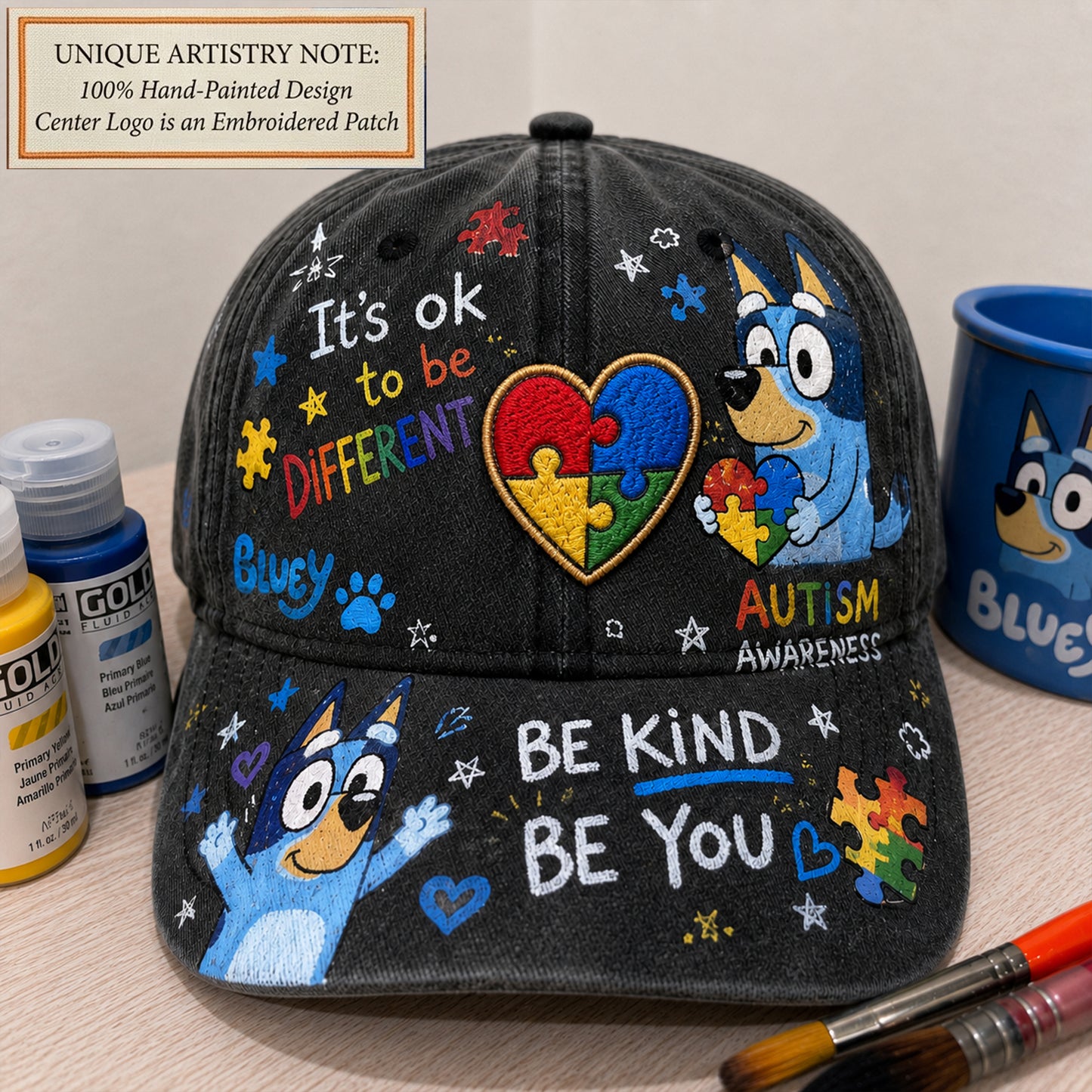 Bluey Autism Awareness Hand-Painted Cap – Custom Embroidered Autism Heart Patch Hat, Be Kind Be You Gift for Autism Families