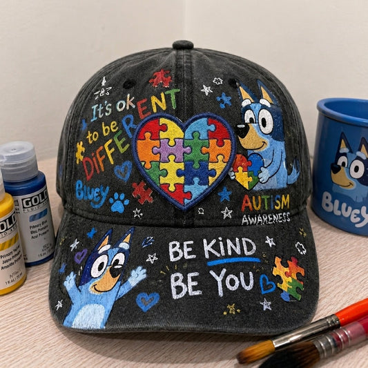 It's OK to Be Different Bluey Cap – Handmade Autism Awareness Hat, Unique Hand-Painted Gift