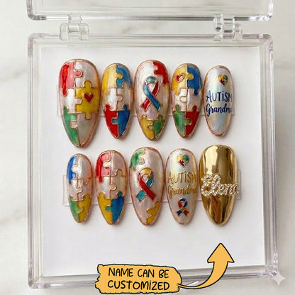 "Proud Grandma " Custom Name Autism Awareness Nails