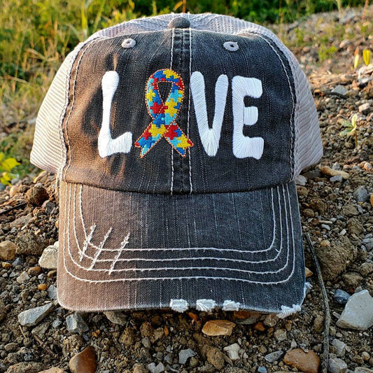 Autism Love Ribbon Distressed Mesh Hat
