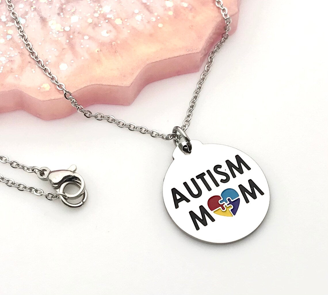Autism Mom Pendant Necklace with Spectrum Colors Puzzle Piece Autism Jewelry Gifts for Mom Autistic Awareness