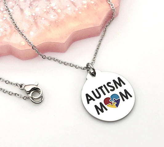 Autism Mom Pendant Necklace with Spectrum Colors Puzzle Piece Autism Jewelry Gifts for Mom Autistic Awareness